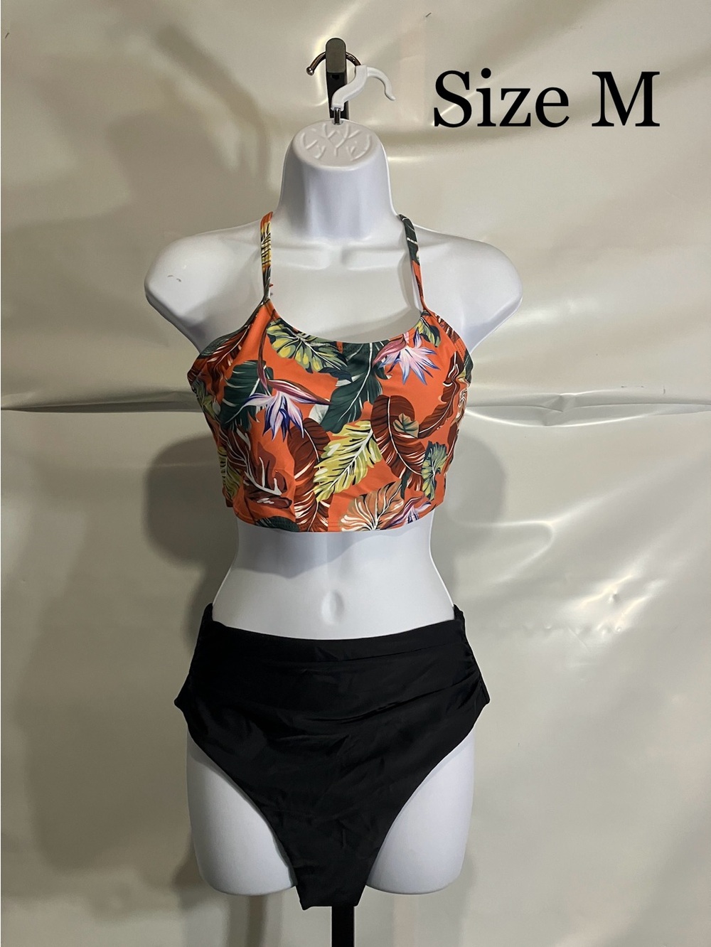 Zaful Orange Tropical Print Crop Swim Top with Black High-Waist Bottoms